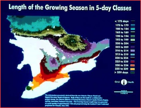 Map of growing season length in 5-day classes in Southern Ontario.